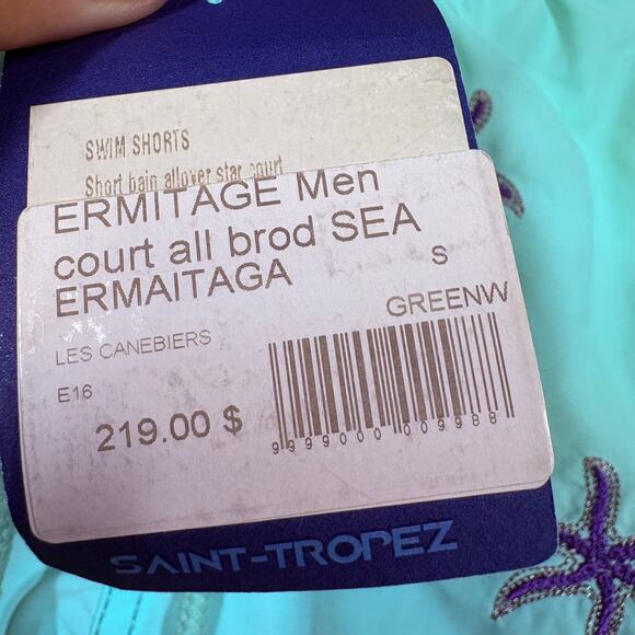 Les Canebiers Mens Small Allover Star Starfish Court Swim Shorts Mint Drawstring - Picture 7 of 8